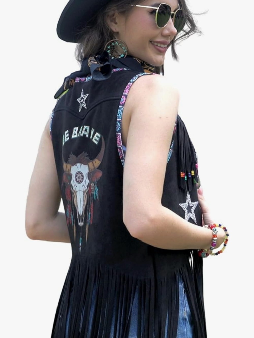 Black Fringe Vest with Beaded Skull Graphic